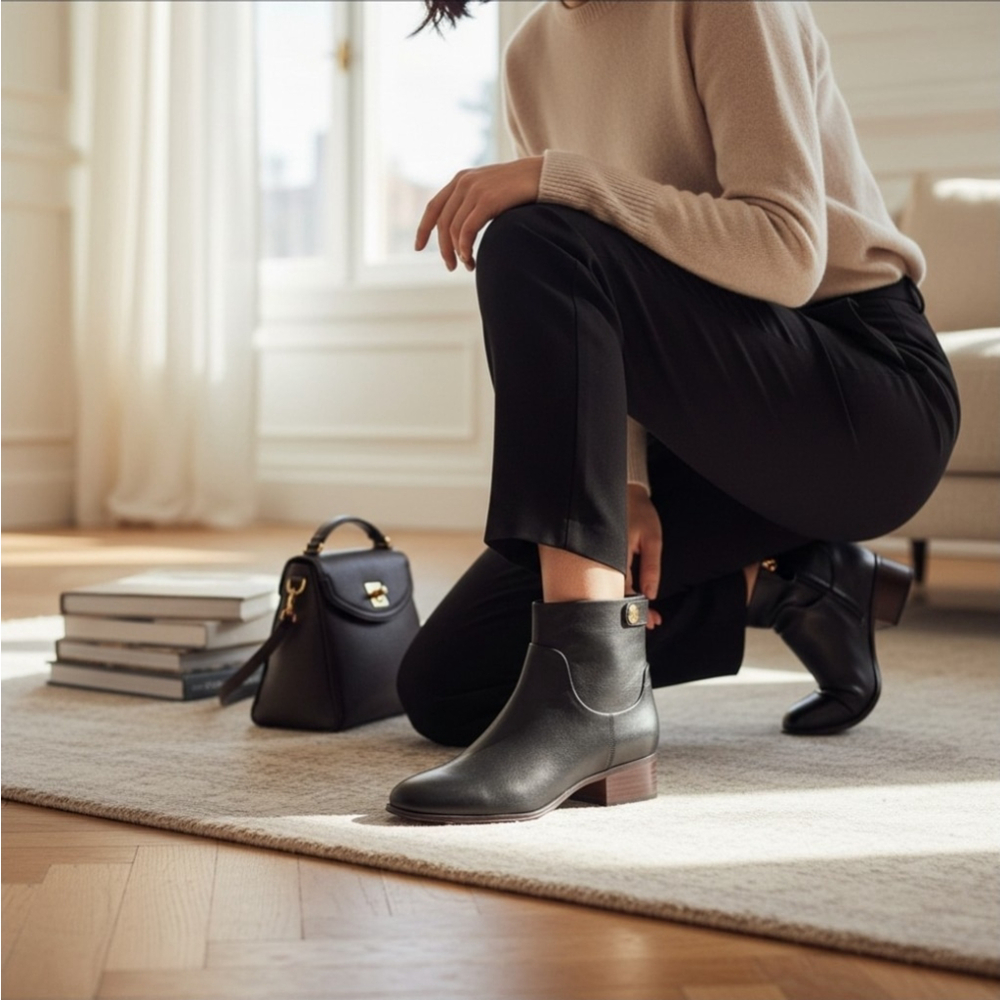 Franco Sarto Jessica Classic Retro Leather Block Heel Boots Booties 8.5 M BLACK